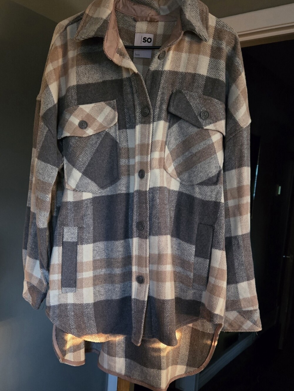 SO Plaid Lightweight Shacket in Beige, Gray & Cream Brand New With Tags